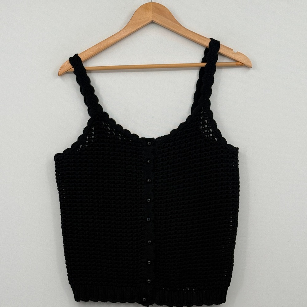 Elie Tahari Crochet Tank Top Women Medium Black Button Front Boho Cottage Crop